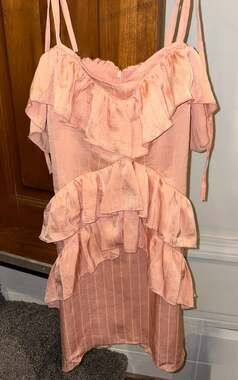 Avantlook Pink Textured Satin Ruffle Strap Mini Dress